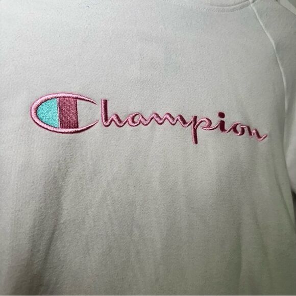 Champion White Hoodie Sweatshirt with Pink and Teal Logo - Picture 4 of 8